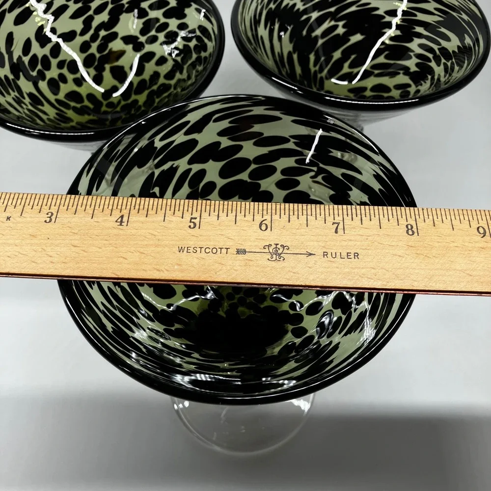 Pier 1 Hand Blown Martini Glasses Green Black Swirl Leopard Tortoise Set of 3
